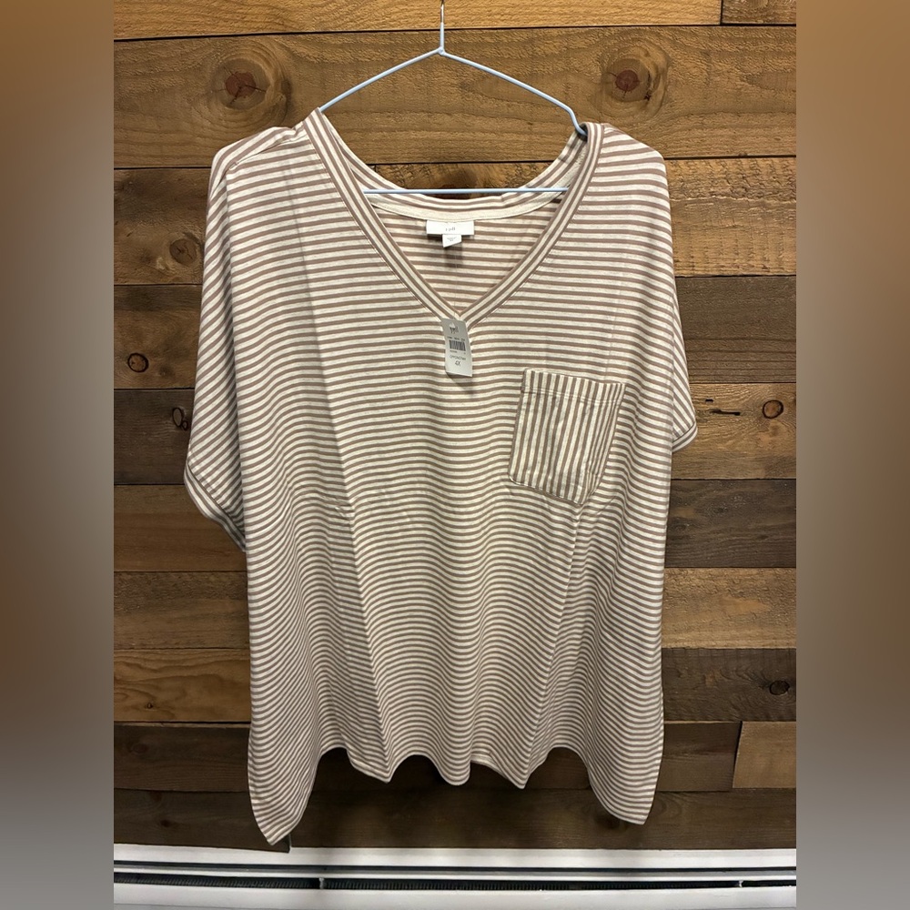 J. Jill Tan and Cream Striped V-Neck Top